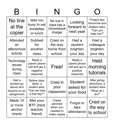 End of Year BINGO Card