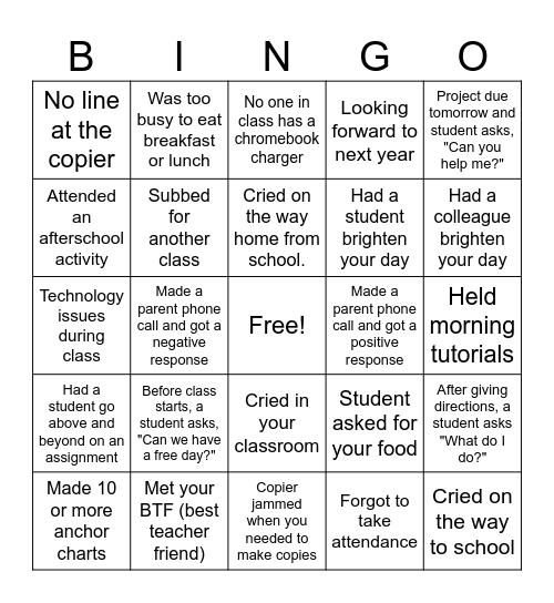End of Year BINGO Card