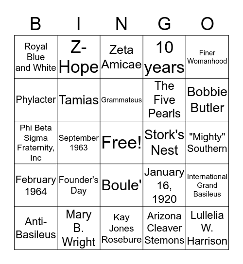 Zeta Bingo Card