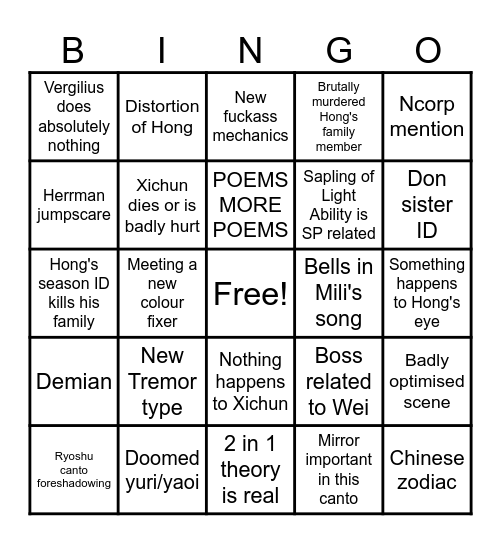 Nawa Canto 8 bingo Card