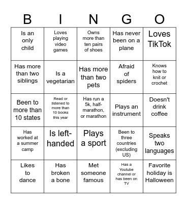 People Bingo! Bingo Card