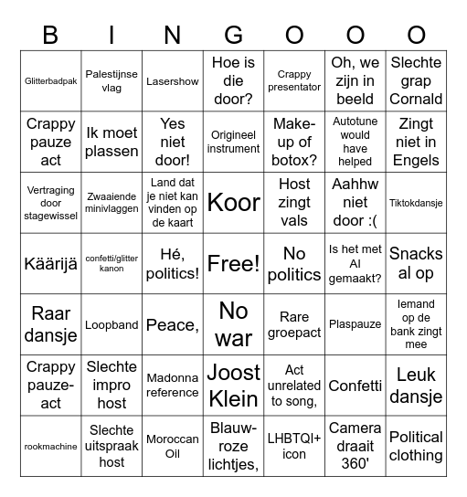 Eurovisie Song Festival Finals 2025 Bingo Card