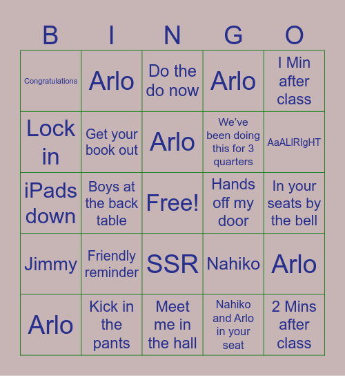 Ms. Small Class Bingo Card