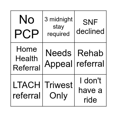 Case Management Bingo Card