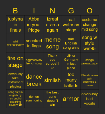 eurovision 2025 Bingo Card