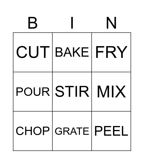 Cooking verbs Bingo Card