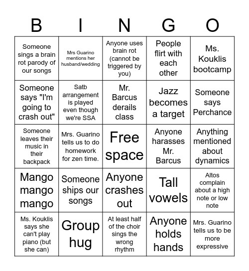 Choir Bingo Card