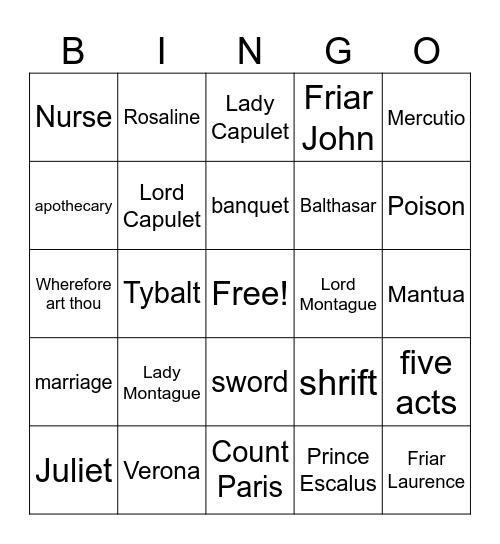 Romeo and Juliet Bingo Card