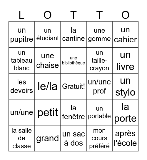 ECOLE- vocabulaire Bingo Card