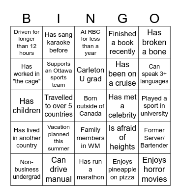 RBC Associate Bingo Card