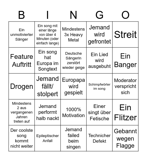 Eurovision Bingo Card
