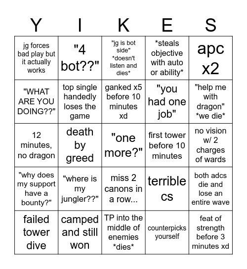 average bot lane experience Bingo Card