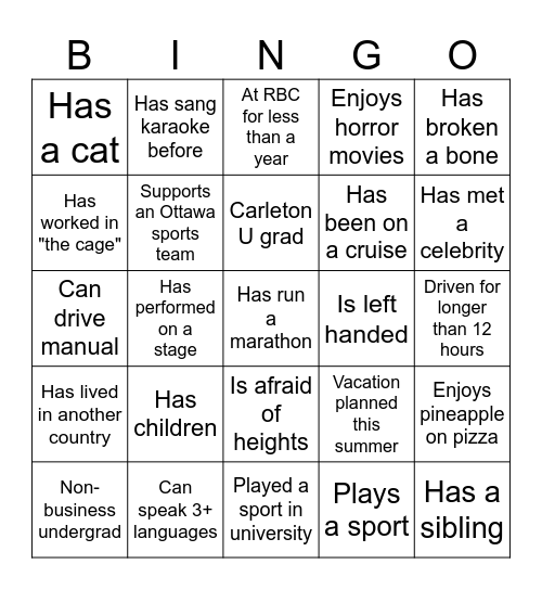 RBC Associate Bingo Card