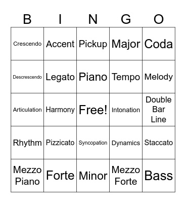 Music Vocabulary Bingo Card