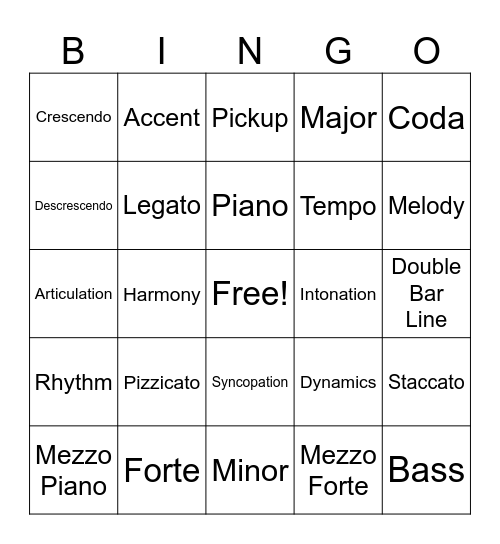 Music Vocabulary Bingo Card