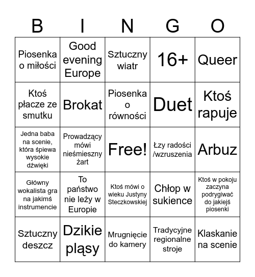 Eurowizja 2025 Bingo Card