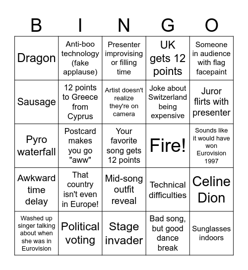 Eurovision 2025 Bingo Card
