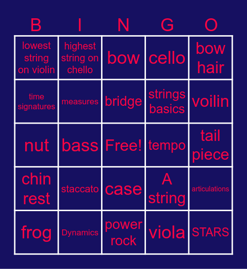 Orchestra BINGO BOARD Bingo Card