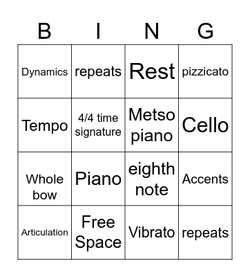 Orchestra Bingo Card