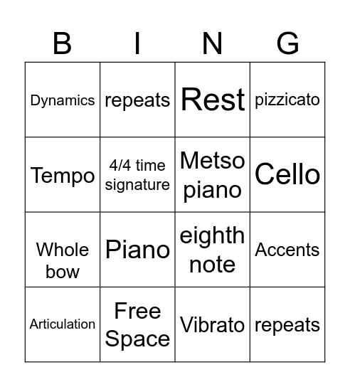 Orchestra Bingo Card