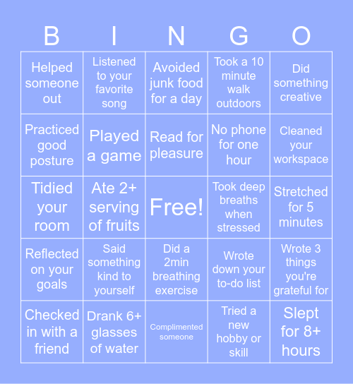 Daily wellbeing bingo Card