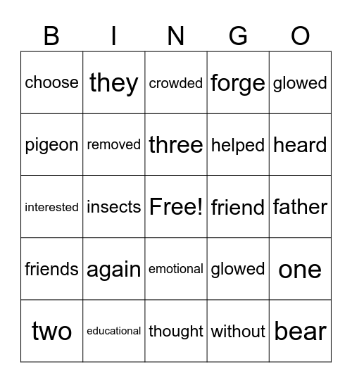 Words Bingo Card