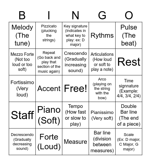 Orchestra Bingo Card