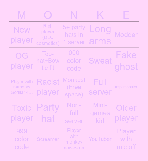Gorilla Tag Bingo: REMADE Bingo Card