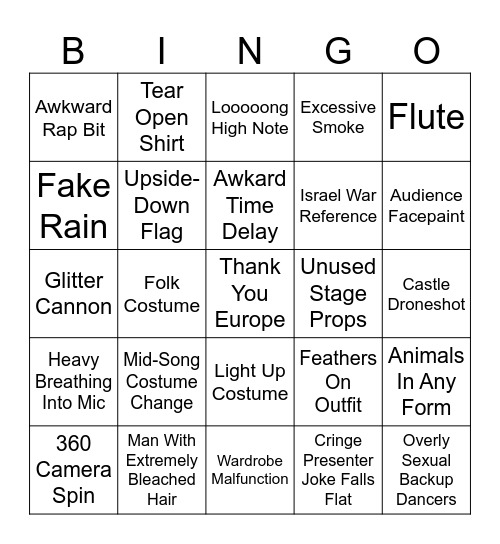 Eurovision Bingo Card