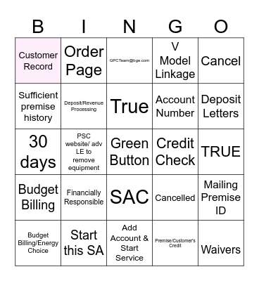 Service Orders Bingo Card