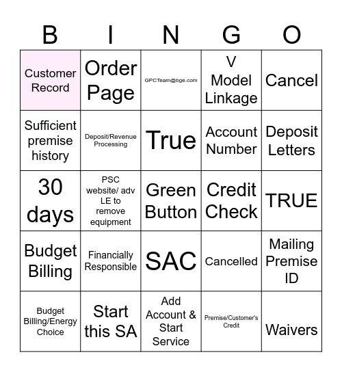 Service Orders Bingo Card