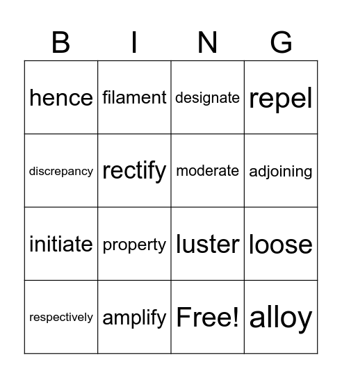 Vocabulary Revision Bingo Card