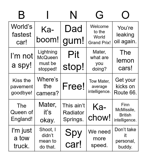 Cars 2 Bingo Card