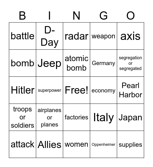 WW2 - America Story of Us Bingo Card
