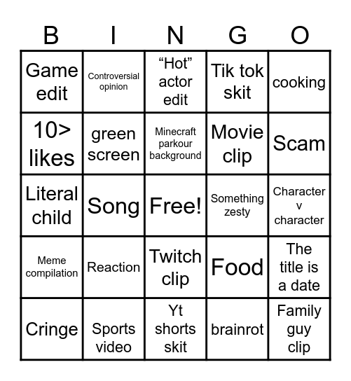 YouTube shorts Bingo Card