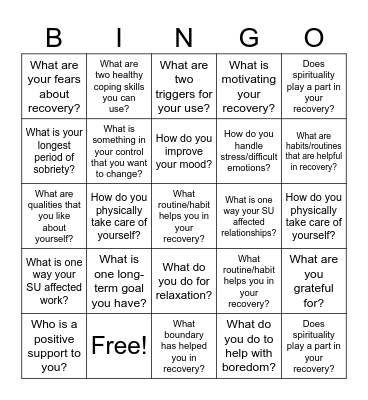 Recovery Bingo Card