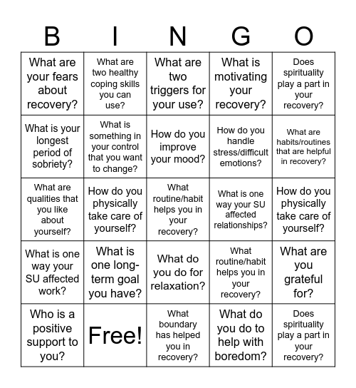 Recovery Bingo Card