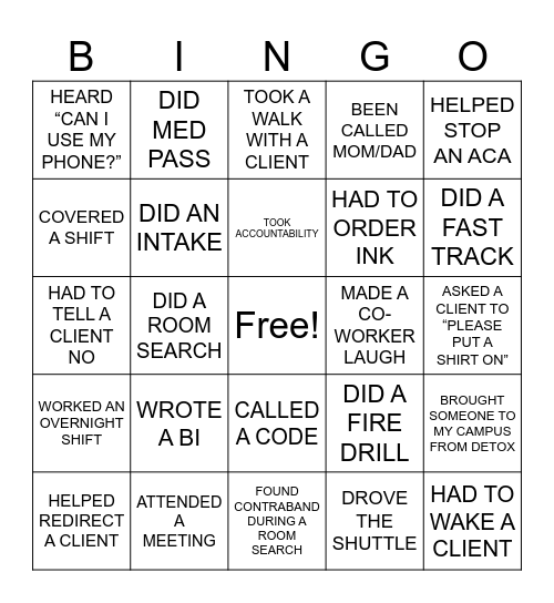 REHAB Bingo Card