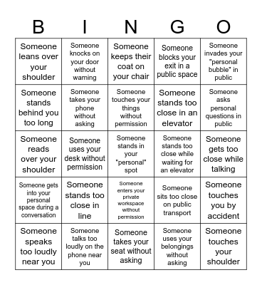 personal space Bingo Card