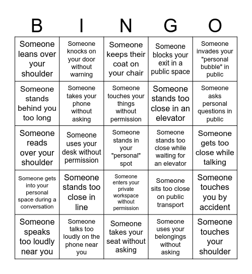 personal space Bingo Card