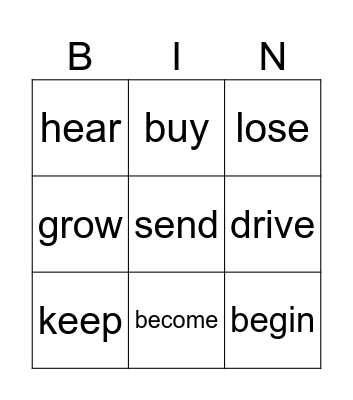 Rhyming verbs Bingo Card