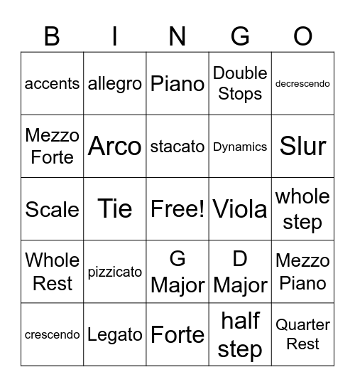 Orchestra (6th grade) Bingo Card
