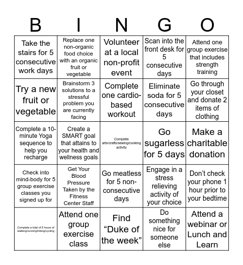 Wellness binGO Week 1 Bingo Card