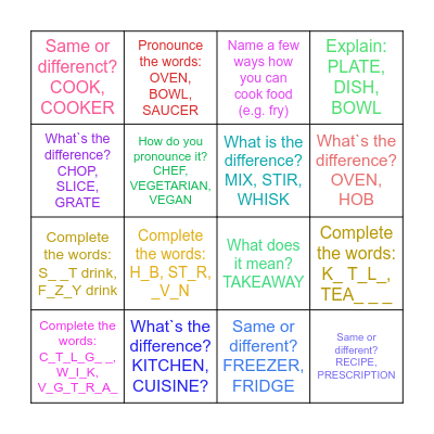 Contrast, U16 Bingo Card