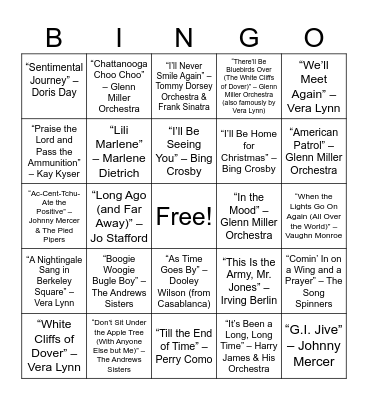 WWII POPULAR SONGS Bingo Card