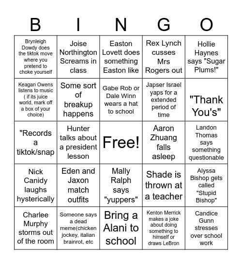 8th Grade Bingo 2025 Bingo Card
