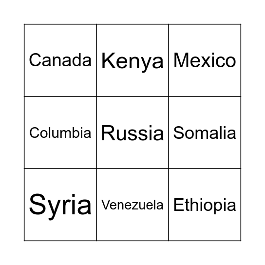Countries Bingo Card