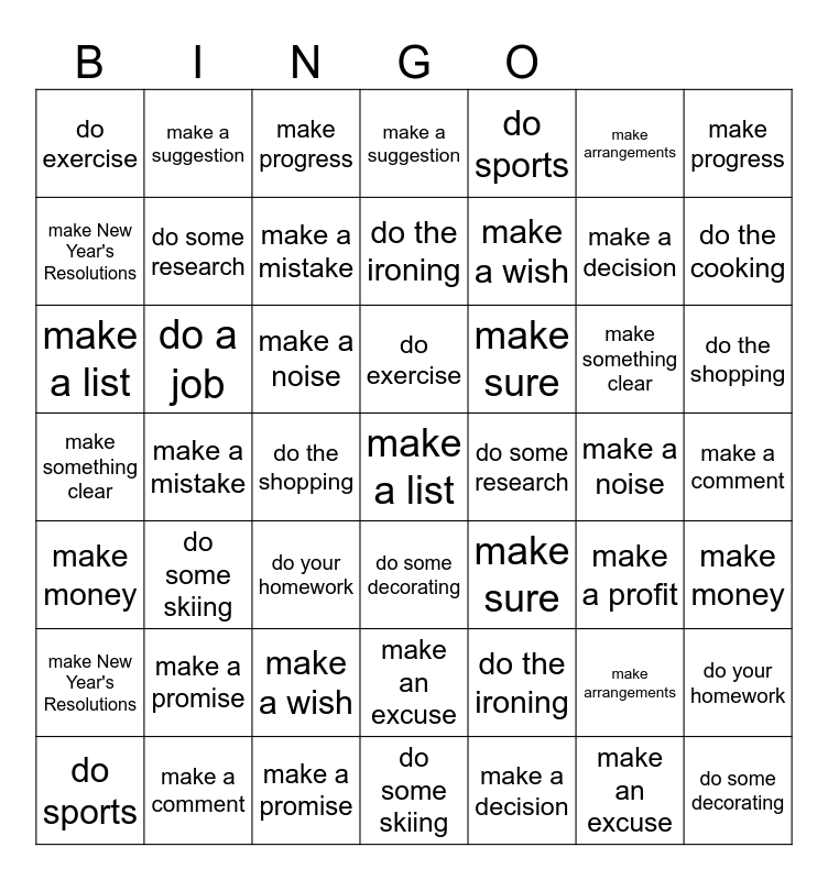 Make vs Do Bingo Card