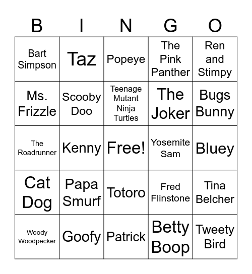 Cartoons Bingo Card