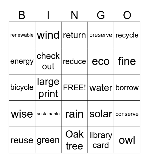 Green/Library Vocabulary Bingo Card